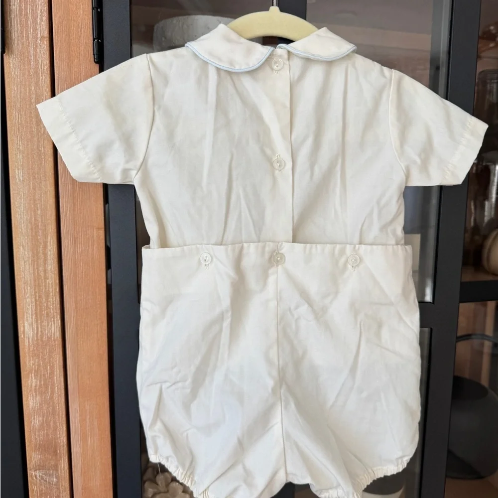 Vintage Petit Ami clown embroidered pintuck bobby suit pique shortall baby boy